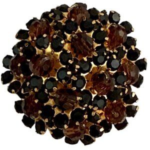 Vintage Smoky Brown Black Rhinestone Brooch Gold Tone Mid Century